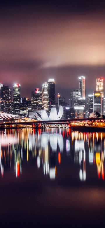 Marina Bay, Night City, Singapore, Skyline, Cityscape, City lights, Reflection, 5K