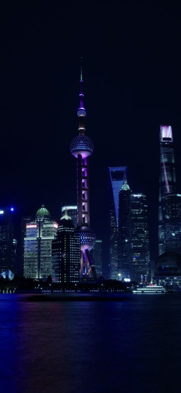 Shanghai, China, Cityscape, Night, City lights, Reflection, 5K