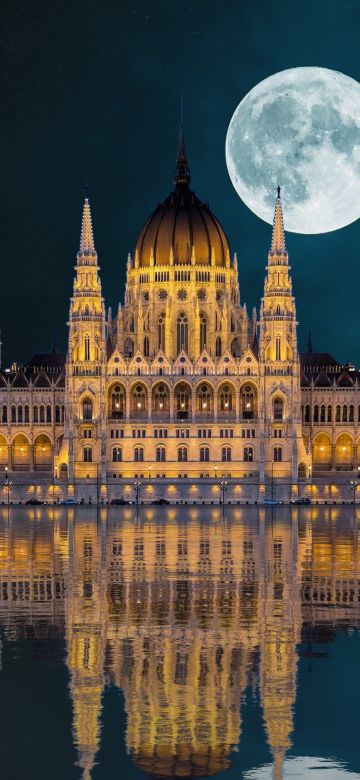 Hungarian Parliament Building, Budapest, Hungary, Landmark, Ancient architecture, 5K, 8K, Moon