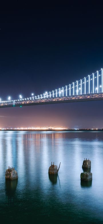 San Francisco-Oakland Bay Bridge, Night lights, Reflection, Modern, 5K, 8K