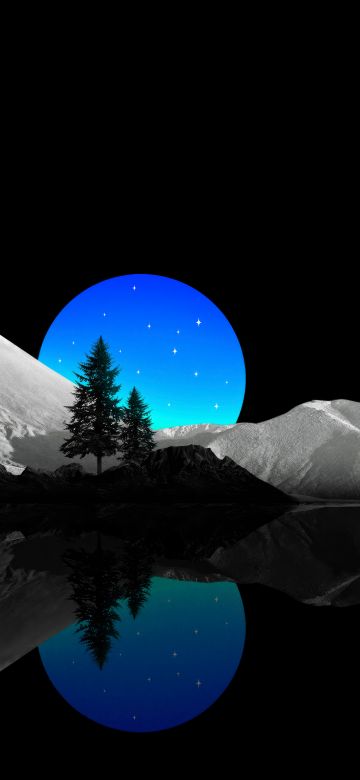 Scenic, Moon, Mountains, Scenery, Black, Blue moon, 5K, AMOLED