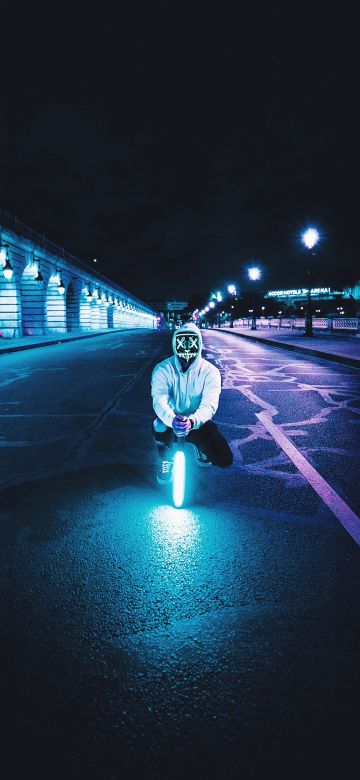 Neon, LED mask, Lightsaber, Road, Tarmac, City lights, Night, Man