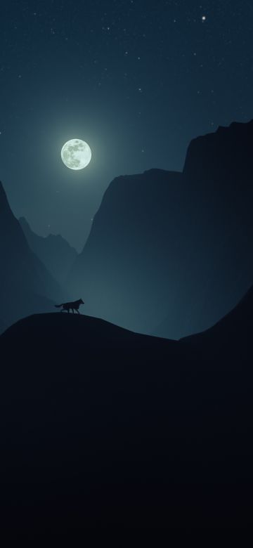 Moon, Mountains, Night, Wolf, Silhouette, Moonlight, 5K