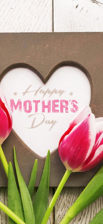 Happy Mother's Day, Tulips, Wooden background, Love heart, 5K