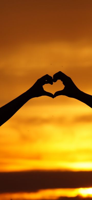 Hands together, Silhouette, Love heart, Lovers, Couple, Sunset, 5K