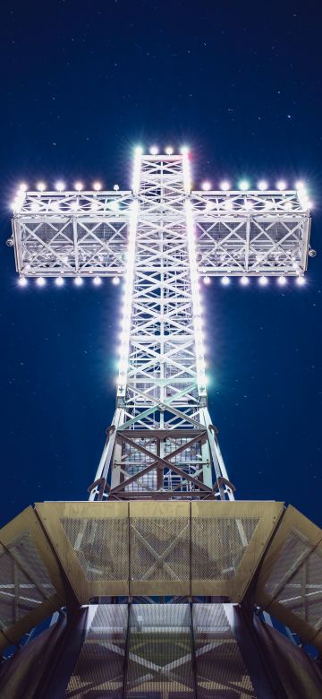 Mount Royal Cross, Monument, Ancient architecture, Landmark, Montreal, Canada, Illuminated, Night, 5K