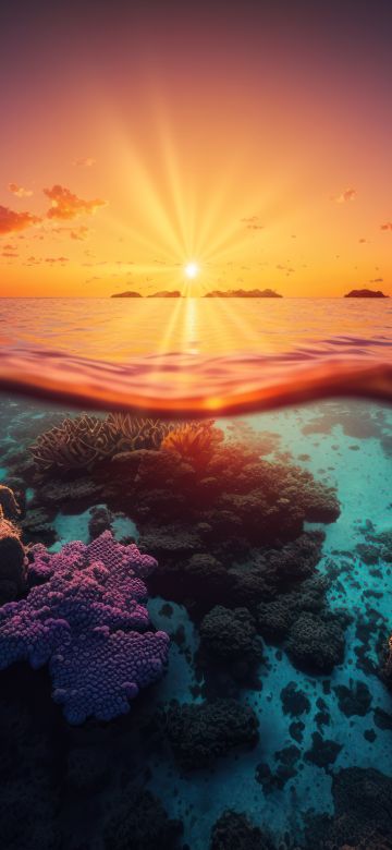 Sunset, Underwater, Coral reef, Seascape, 5K, 8K, AI art