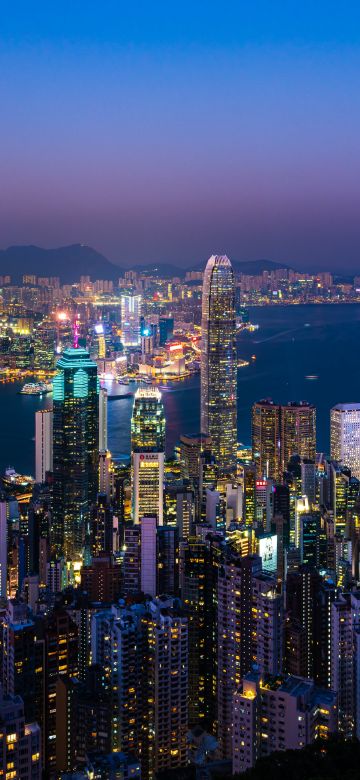 Victoria Harbour, Hong Kong City Skyline, Blue hour, Twilight, City lights, Sunset, 5K