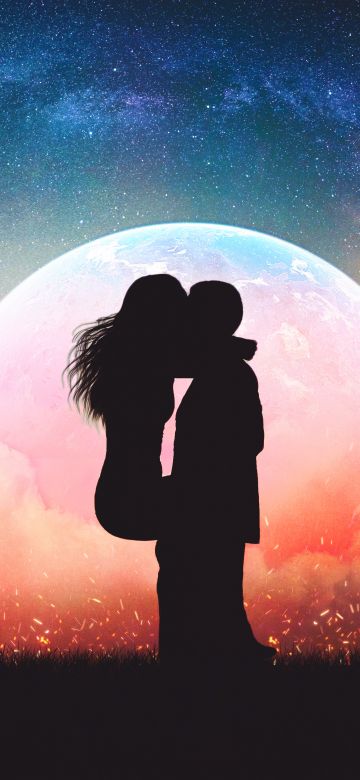 Romantic kiss, Silhouette, Moon, Lovers, Sunset, Couple