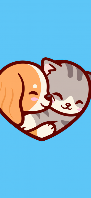 Puppy, Kitten, Love heart, Blue background, 5K, Simple