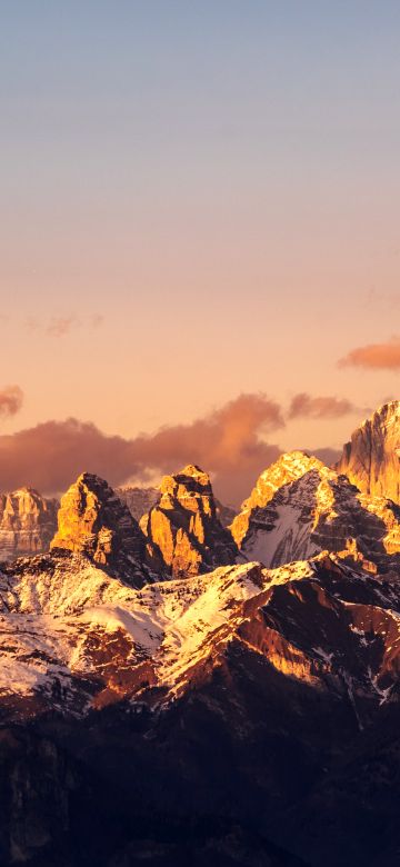 Dolomite mountains, Alps, Sunrise, Mountain range, 5K, Golden hour