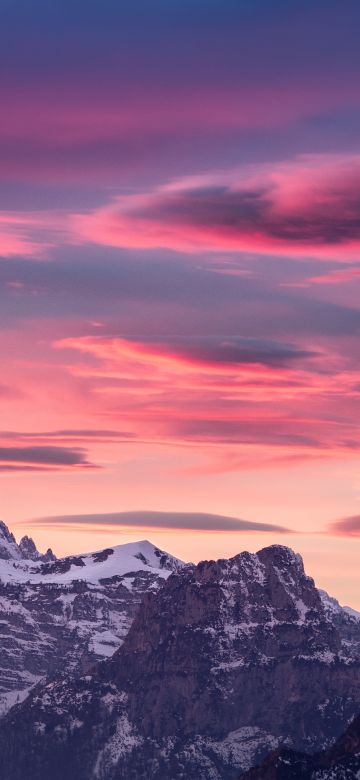 Alps mountains, Dolomites, Sunset, Dusk, Pink sky, 5K