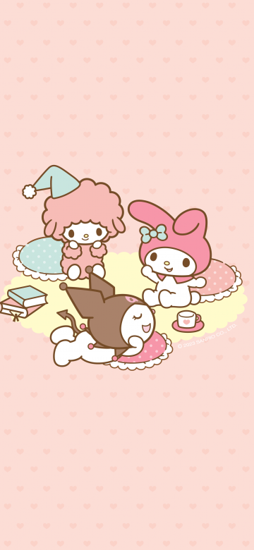 My Melody, Kuromi, My Sweet Piano, Cute cartoon, 8K, Peach background, Sanrio