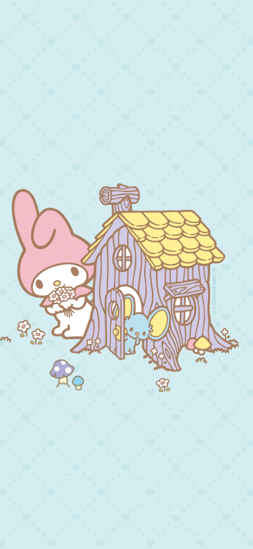 My Melody, 8K, Cute cartoon, Hearts, Cyan background, Sanrio