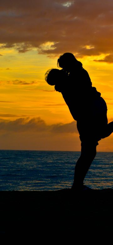 Couple, Mood, Romantic kiss, Sunset, Silhouette, Beach, Dawn, 5K