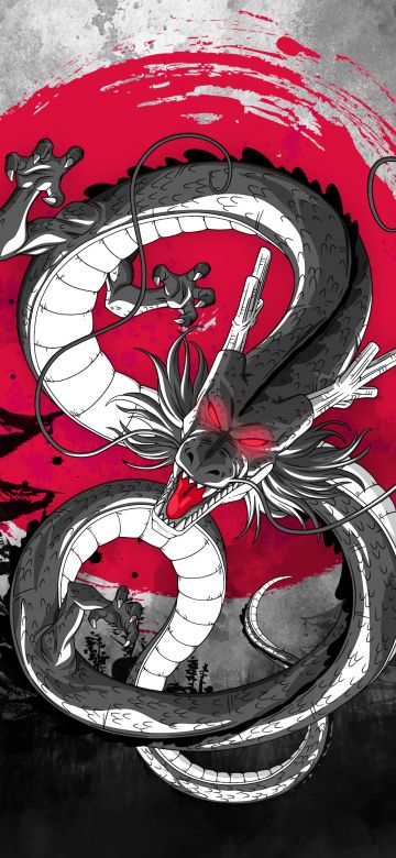 Shenron, Dragon, Japanese culture, Red moon, Digital Art