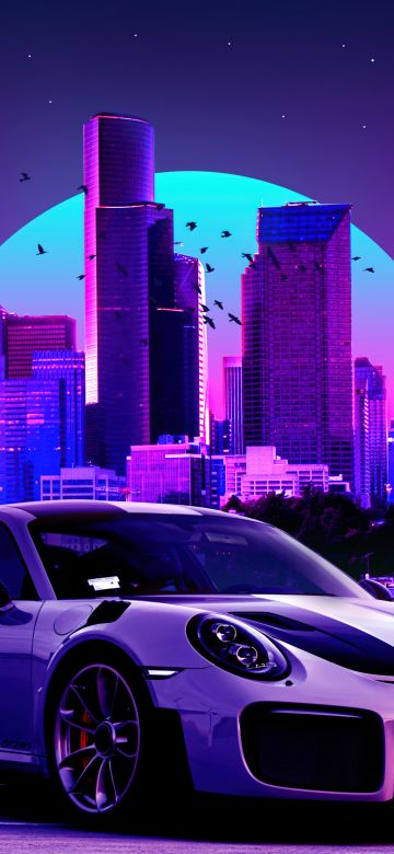 Porsche 911 GT2, Retro, Synthwave, Neon, Cityscape, Vaporwave, Cyberpunk, Outrun