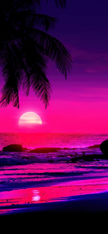 Tropical beach, AI art, Sunset, Girl, Pink aesthetic