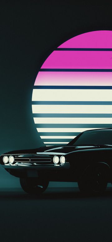 Muscle car, Retro, Vintage car, Sunset, Neon, 5K, Dark background, Dark aesthetic