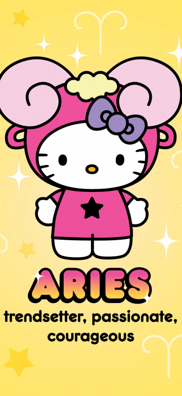 Aries, Hello Kitty, Zodiac sign, Yellow aesthetic, Trendy, Passion, Courage, 5K, Sanrio