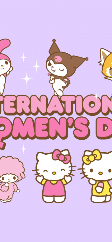 Women's Day, My Melody, Hello Kitty, Kuromi, Purple background, 5K, Sanrio