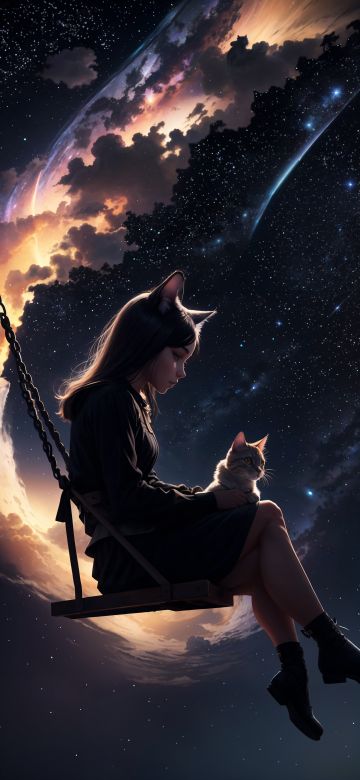 Cute Girl, Kitten, Dream, Surreal, Night sky