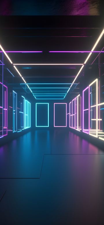 Glowing, Corridor, Neon Lights, Colorful, 5K