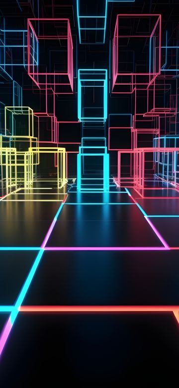 Neon, Cubes, Floor, Lighting, 5K, Colorful