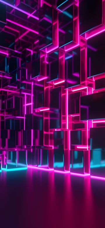 Neon background, Cubes, Modern, Glowing, 5K