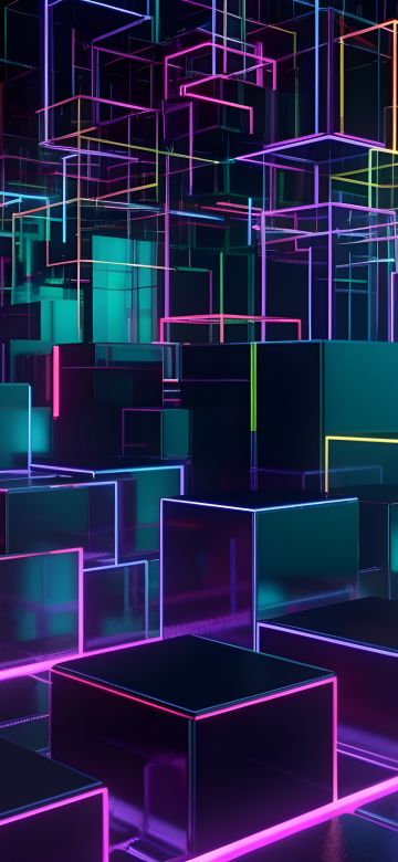 Neon, Cubes, Stack, Digital Art, 5K