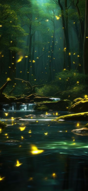 Fireflies, Forest, 8K, Aesthetic, River, Night, Mystic, 5K