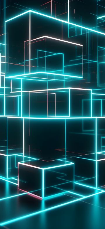 Neon, Cubes, Maze, Dark room, Glowing lights, 5K, Geometric