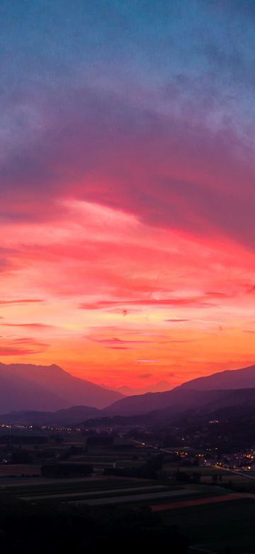 Sunset, Countryside, Mountains, Twilight, Afterglow, Red Sky, 5K, 8K