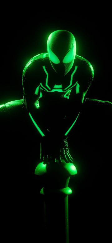 Spider-Man, Glow in dark, Neon Green, AMOLED, 5K, Black background, Spiderman