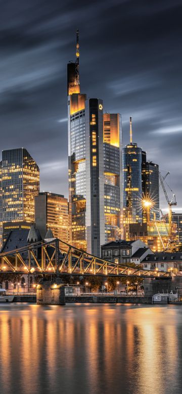 Frankfurt, Night City, Germany, City Skyline, Illumination, Iron Footbridge, Reflection, 5K