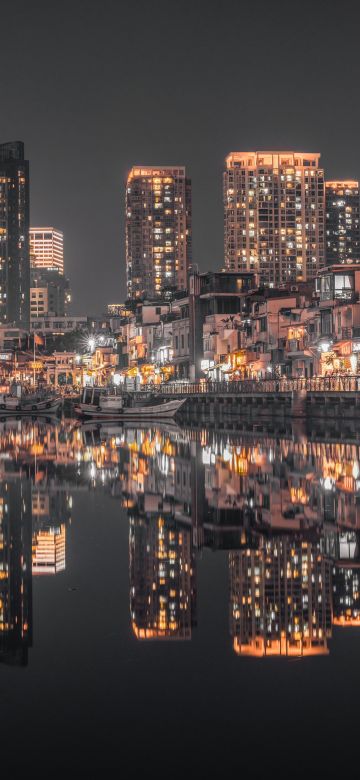 Hong Kong City Skyline, Night, Illumination, Night lights, 5K, City lights, Cityscape