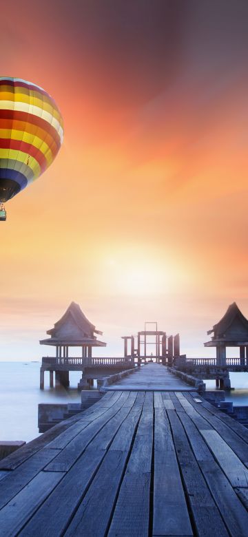 Wooden pier, Hot air balloons, Sunrise, Daylight, Foggy, Colorful, 5K