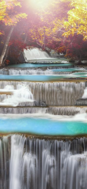 Erawan Falls, Aesthetic, Autumn, Waterfall, Forest, Thailand, 5K