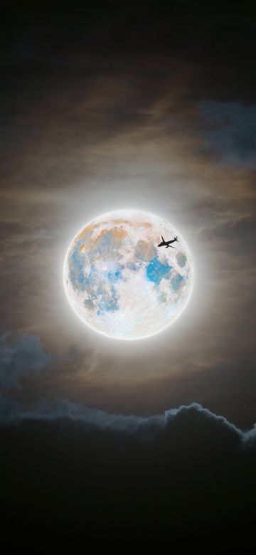 Full moon, Flight, Silhouette, Clouds