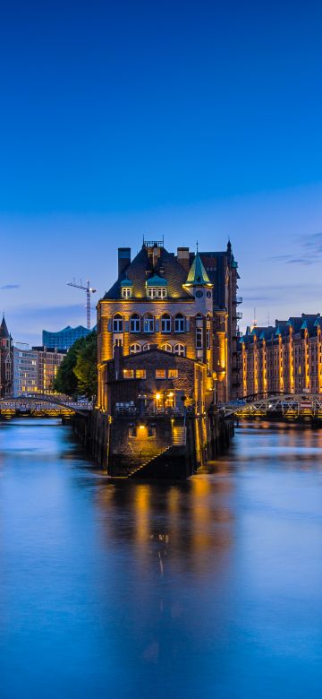 Speicherstadt, Hamburg, Germany, Cityscape, Buildings, Night City, 5K