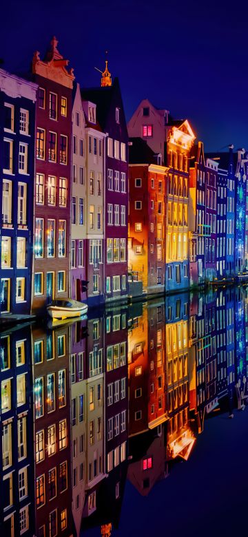 Amsterdam, Night, Colorful, Buildings, Reflection, Night City, 5K, Aesthetic, Night lights