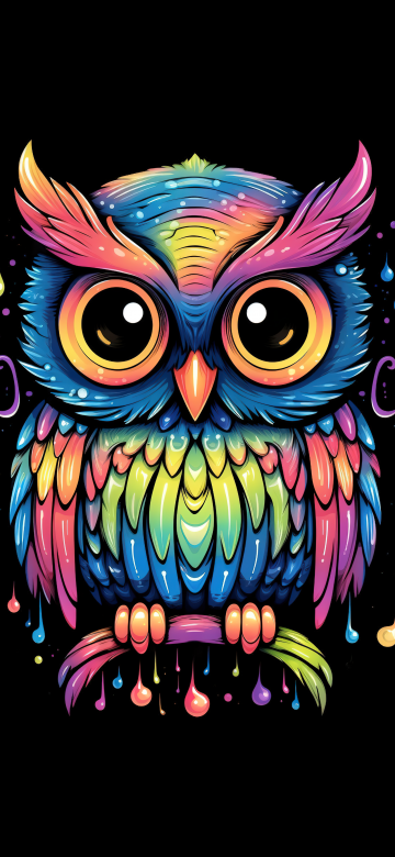 Colorful Owl, Cute art, AMOLED, 8K, Cute bird, Kawaii, Black background, Digital Art, 5K