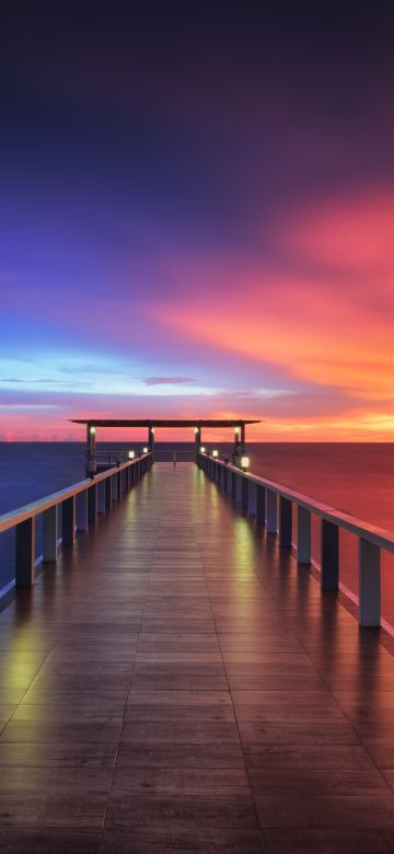 Wooden pier, Bridge, Sunset, Horizon, Resort, Dawn, Vacation, Holidays, Phuket, Thailand, Aesthetic, 5K