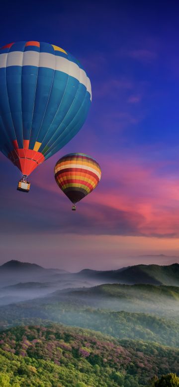 Hot air balloons, Doi Inthanon National Park, Sunrise, Dawn, Hills, Colorful, Foggy, Thailand, Aesthetic, 5K