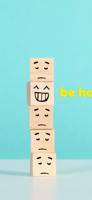 Be happy, Emoticons, Sad, Joy, Cyan background, 5K, 8K, Cuteness