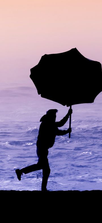 Beach, Silhouette, Umbrella, Man, Purple aesthetic, 5K