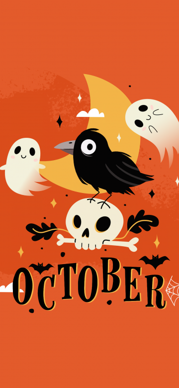 October, Halloween background, Orange background, Spooky, Cute ghost, 5K