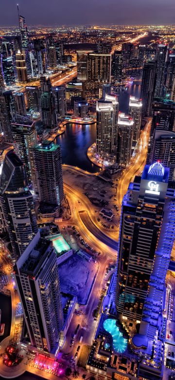 Dubai, Cityscape, Skyline, Aerial view, Skyscrapers, City lights, Night, HDR, Blue hour, 5K