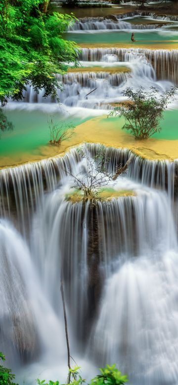 Huai Mae Khamin Waterfall, Tourist attraction, Rainforest, Spring, Thailand, 5K