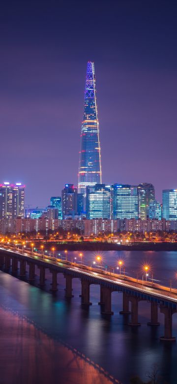 Lotte Tower, Seoul, Cityscape, Bridge, Night, City lights, South Korea, Aesthetic, 5K